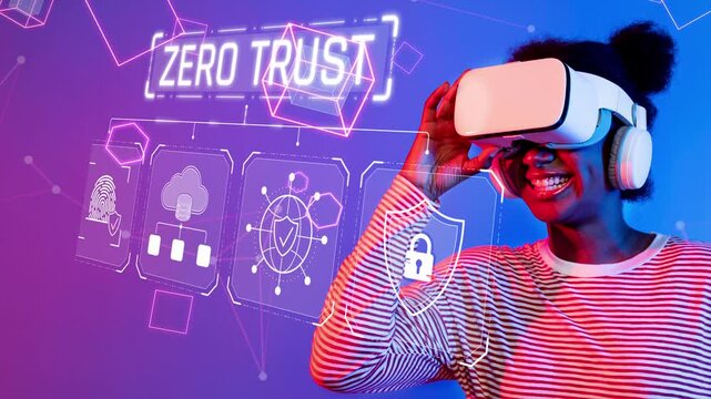 Smiling Woman Wearing VR Headset Engaging in Virtual Reality Experience with Zero Trust Concept and Digital Interface Elements in Background Sigmoid