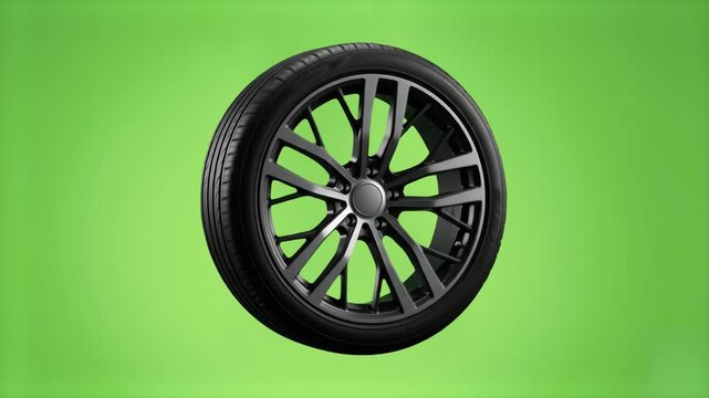 A modern automotive wheel with a stylish black alloy rim and sleek low-profile rubber tire, rendered against a vibrant green background. Great for auto service ads, tire shops, car tuning, transport c