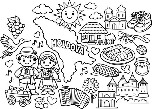 Moldavia, monumentos, contorno de dibujos animados, ilustraci&oacute;n de arte lineal dibujada a mano, dibujo de garabatos, p&aacute;gina para colorear para ni&ntilde;os