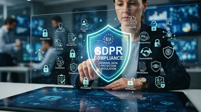 GDPR compliance shield with personal data protection icons representing digital privacy laws and secure information management.