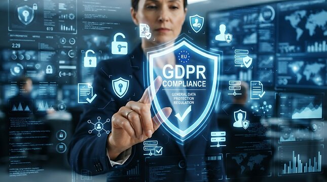 GDPR compliance shield with personal data protection icons representing digital privacy laws and secure information management.