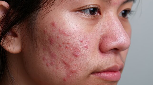 acne on woman face with rash skin, scar, and red skin syndrome allergic to cosmetics, use steroids, dermatology, inflammation, infection, hygiene