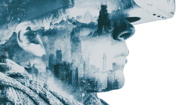 Double exposure photography of close up VR gamer and the beautiful sci-fi city, technology, headset, virtual, device, future, futuristic, modern, digital