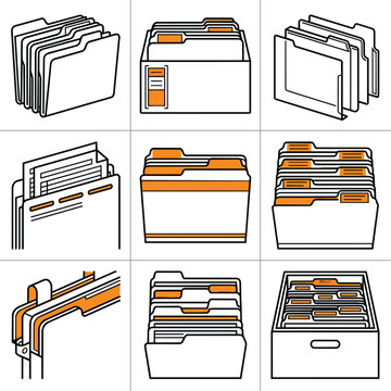 Modern Flat Design Vector Icons Set Showing Various File Folder Styles and Organization Concepts folders storage business management lines clean