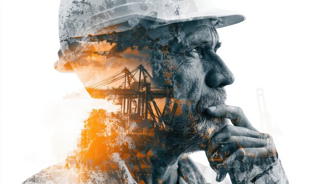 Double exposure photography of engineer man and the business Logistics and transportation of Container Cargo ship and Cargo plane with working crane bridge