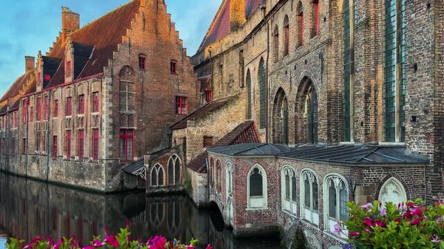 Medieval architecture on the autumn streets of historic center of Bruges, Belgium, October 20, 2025. High quality 4k footage