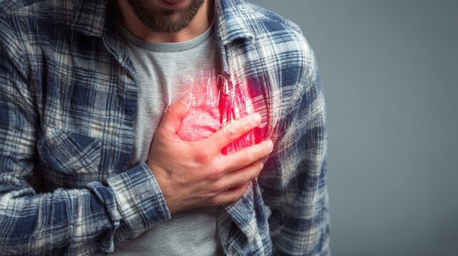 hand hold chest with heart attack symptoms, have chest pain caused by heart disease, leak, dilatation, enlarged coronary heart, press on the chest with a painful expression