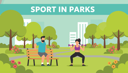 Fototapeta premium Young woman exercises with dumbbells in the green city park while a man watches her from a wooden bench.