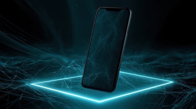 Smartphone on technology background. Neon glowing mobile phone on abstract dark background. Futuristic network connection