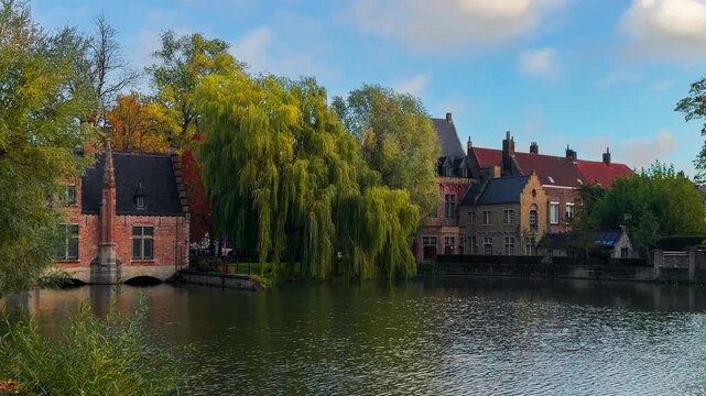 Medieval architecture on the autumn streets of historic center of Bruges, Belgium, October 20, 2025. High quality 4k footage