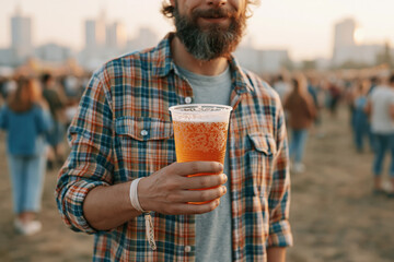 Fototapeta premium Bearded man holding a plastic cup of cold craft beer at an outdoor summer music festival event