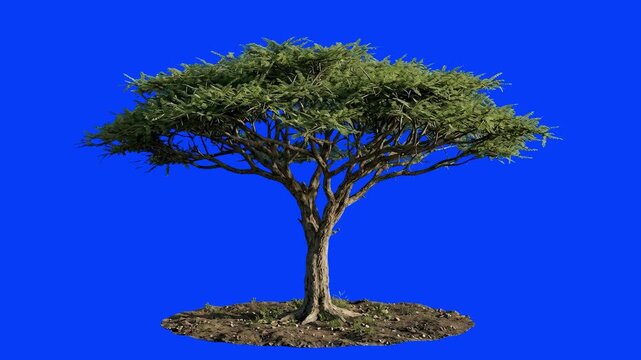 A full-grown umbrella acacia tree rooted in soil, isolated on a bright blue chroma key background. Perfect for visual effects, video compositing, African safari themes, savanna nature scenes, and envi