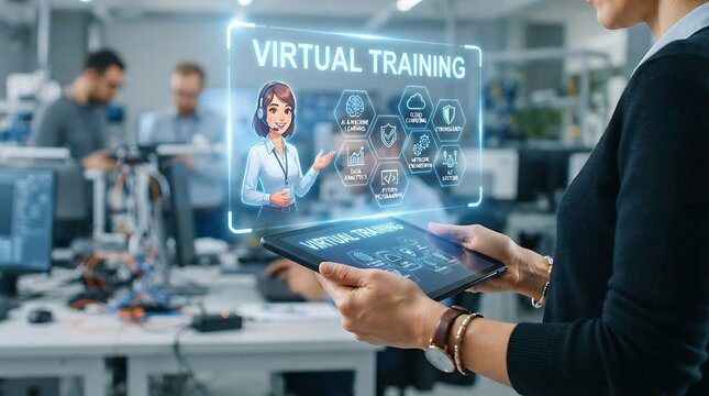Virtual training hologram with instructor avatar and learning module icons for professional education and skill development.