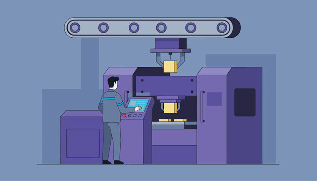 Professional factory operator controls a complex industrial CNC milling machine in a modern manufacturing plant.