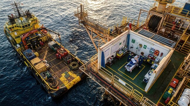 Emergency medical evacuation from offshore oil rig using a service vessel, illustrating critical care and safety protocols at sea.