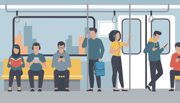 Passengers traveling inside a modern subway train car while using their smartphones, reading books, and listening to music.