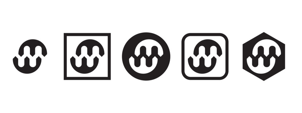 Abstract Letter MW Logo Icon Set Black Minimalist Monogram App Badge Hexagon Square Vector Bundle