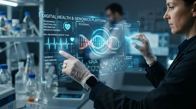 Digital health interface with DNA and heartbeat icons representing biotech innovation and medical technology data solutions.