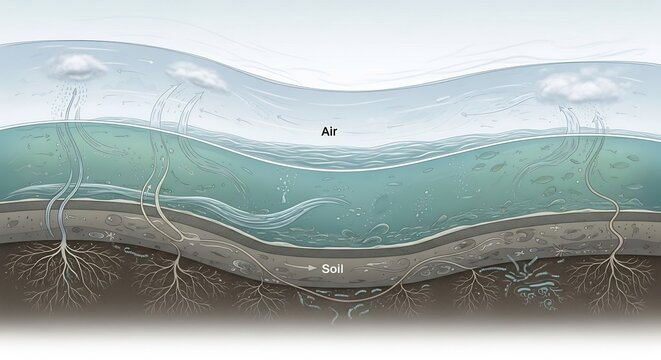 Cross section of soil showing water table and plant roots.