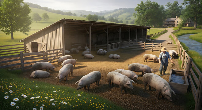 Pigs in a farm yard eating.