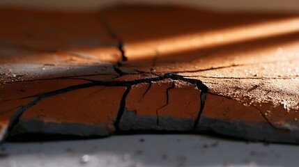 Fototapeta premium Macro view of cracked terracotta clay illuminated by diagonal studio light