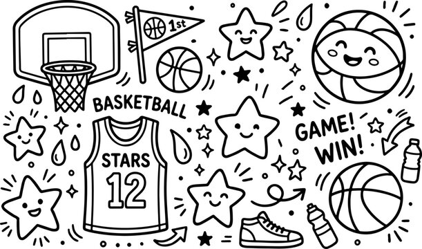 basketball cartoon outline hand drawn Line Art illustration doodle art coloring page for kids