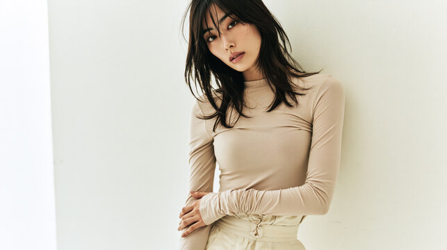 beautiful young woman in minimalist white studio with soft korean fashion editorial style