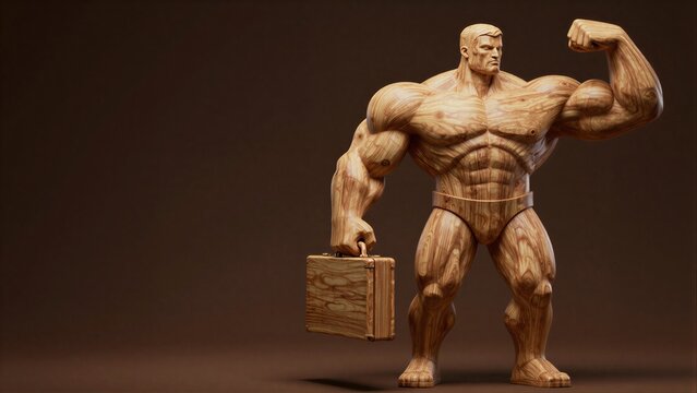 Wooden muscular figure holds briefcase, symbolizing strength and professionalism.