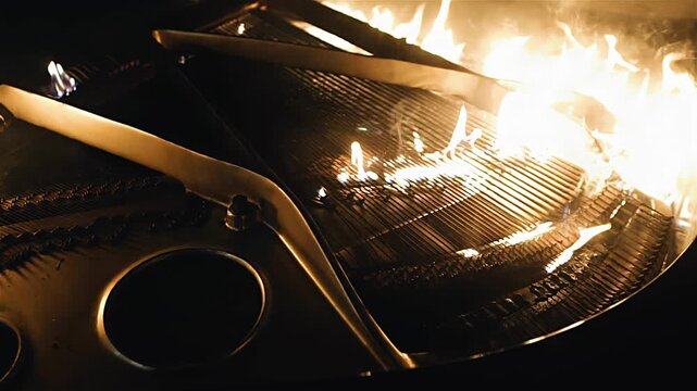 The piano is on fire and a fire has broken out inside it. Close-up shooting of a burning piano