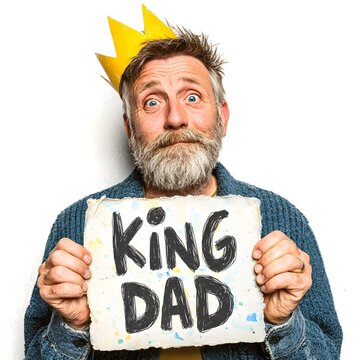 Funny Bearded Father Wearing Paper Crown Holding King Dad Sign Celebrating Fatherhood Family Appreciation Portrait
