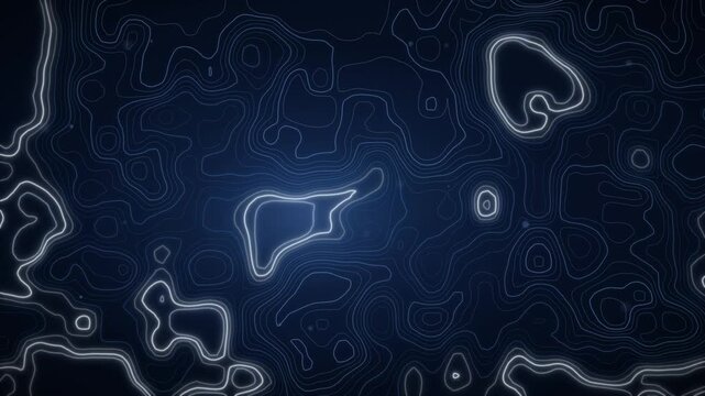 Glowing blue contour lines morph across an abstract topographic motion background