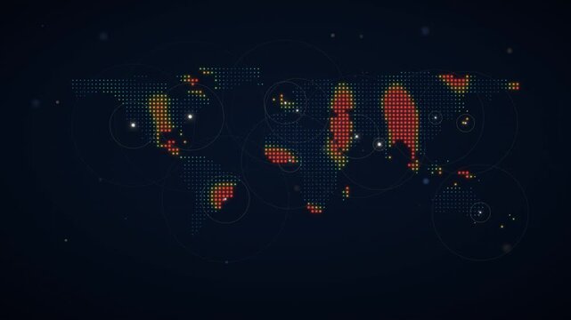 Animated world map data visualization with pulsing red and orange hotspots
