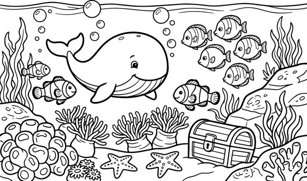 Vida marina, escena de dibujos animados, contorno dibujado a mano, ilustraci&oacute;n de arte lineal, dibujo a mano, p&aacute;gina para colorear para ni&ntilde;os