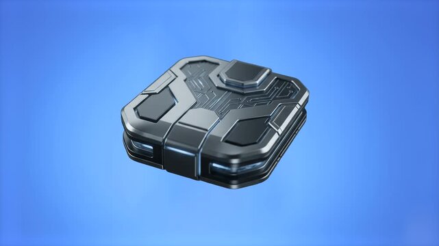 A sleek futuristic 3D model of a metallic hardware crypto wallet and digital vault. Rendered on a clean blue background, this high-tech gadget is ideal for financial technology, cryptocurrency securit