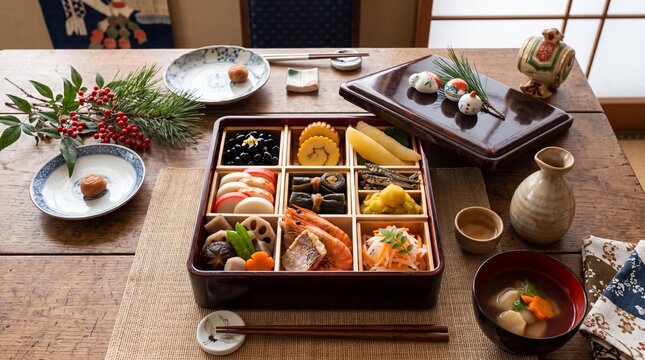 Traditional Japanese Osechi Ryori New Year feast served in a lacquered box