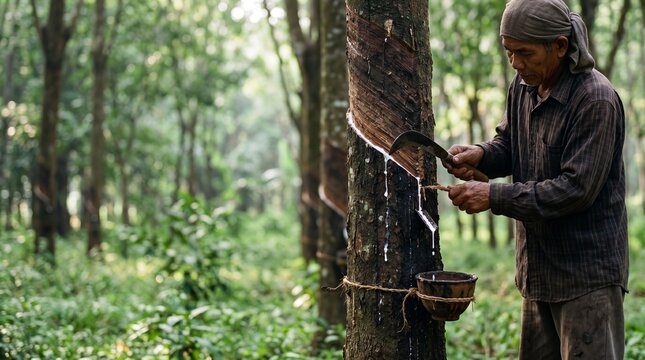 Traditional rubber tapper harvesting natural latex from tree in plantation
