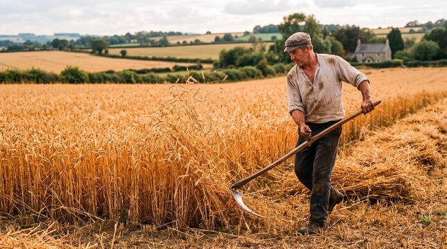 Traditional farmer harvesting wheat manually with a scythe in a rural field