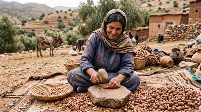 Moroccan woman cracking argan nuts using traditional stone tools in rural village