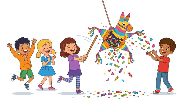 Children Breaking Pi?ata, Candy Falling