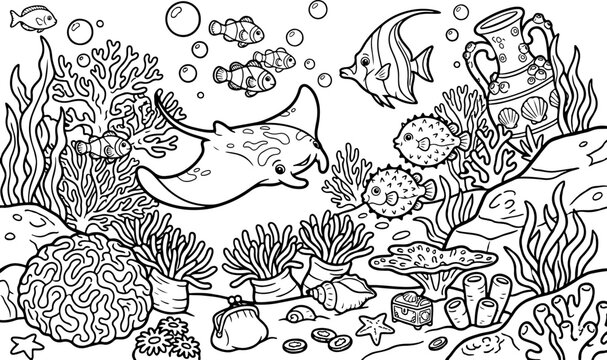 Vida marina, escena de dibujos animados, contorno dibujado a mano, ilustraci&oacute;n de arte lineal, dibujo a mano, p&aacute;gina para colorear para ni&ntilde;os