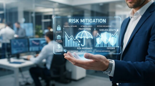 Risk mitigation hologram with umbrella and financial protection icons for corporate risk management and business stability.