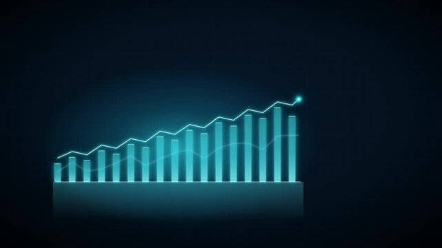 Cyan bar chart and line graph animate upward growth on a dark blue grid