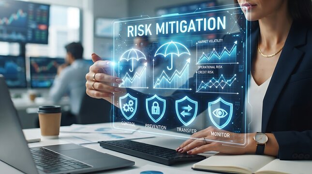 Risk mitigation hologram with umbrella and financial protection icons for corporate risk management and business stability.