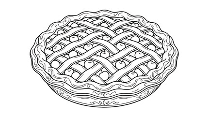 Vintage apple pie line art illustration, hand drawn cherry fruit tart with lattice crust, coloring book page of a traditional homemade berry pie © Dream Time Studio