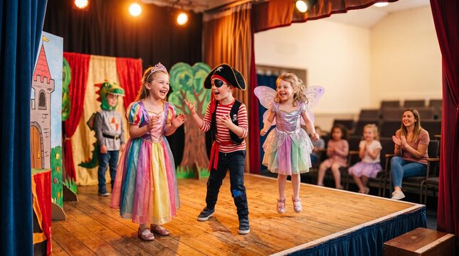 Happy children in costumes performing a theater play on stage with audience