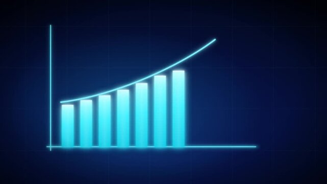 Cyan bar chart grows with an upward arrow showing business performance