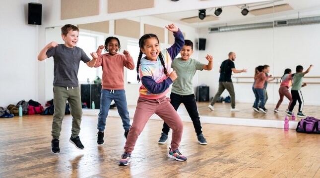 Cheerful diverse children jumping and dancing in a modern dance studio class