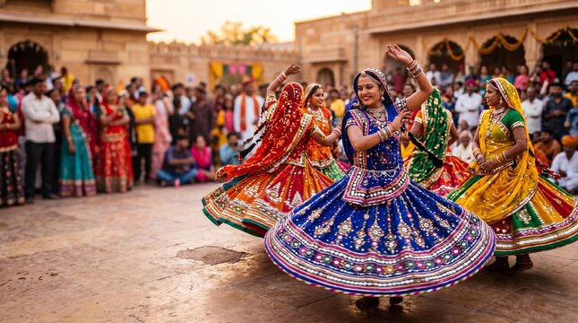 Women performing traditional Ghoomar dance in colorful chaniya choli at festival