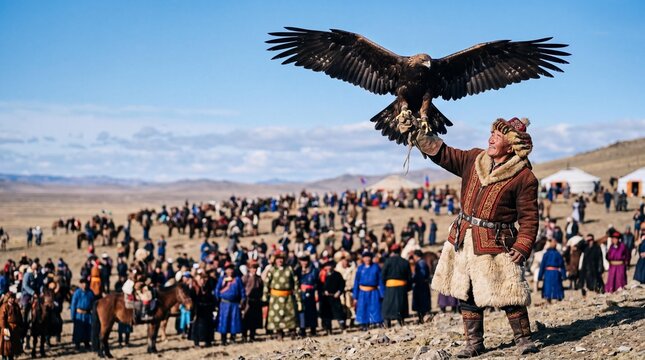 Mongolian Eagle Hunter in Traditional Dress with Golden Eagle at Festival
