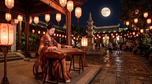 Asian Woman in Hanfu Playing Guzheng Under Full Moon at Mid-Autumn Festival